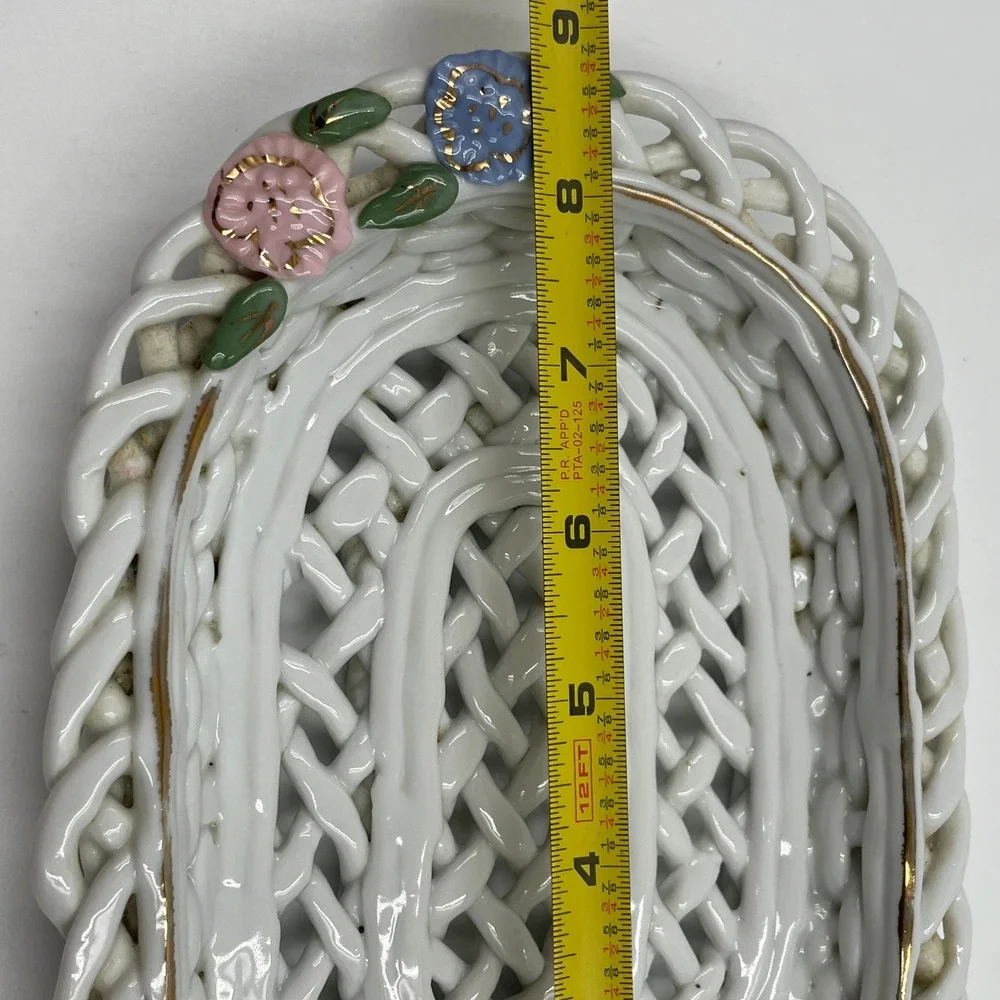 White Ceramic Lattice Woven Basket Oval Trinket Dish Pink Blue Applied Flowers